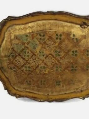 Mid Century Italian Hollywood Regency Florentine Serving Tray Wood Green Yellow